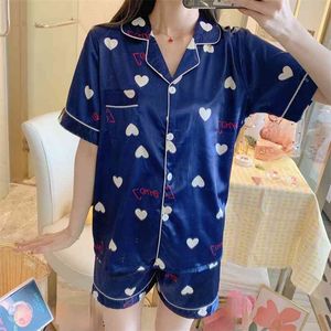 Print Heart Style Sommar Kortärmad Silk Pyjamas Set Två Piece Sleepwear Soft Nightwear för 210809