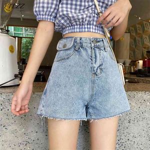 Summer Women Streetwear Wide Leg Frayed Black Denim Shorts Casual Female Loose Vintage Solid Color Blue Jeans 210430