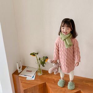Winter cute baby girls warm knitted twisted long sweaters kids solid color casual base sweater 210508