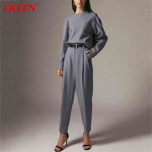 OOTN Office Work Trousers Ladies High Waist Gray Pants Women Autumn Winter Woolen Pocket Casual Pencil Female Fashion 210915