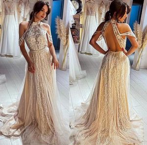 Beach 2021 Wedding Champagne Dresses Bridal Gown Lace Applique Tulle Beaded High Collar Crystals Custom Made Backless Sweep Train Vestido De Novia