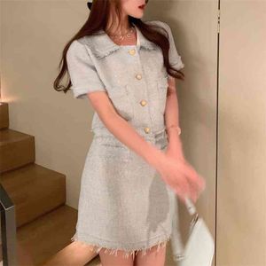 Korea Två Piece Set Kvinnor Elegant Mode Tweed Peter Pan Collar Kortärmad Crop Top + Bodycon Tassel Mini Skirt Suit 210519