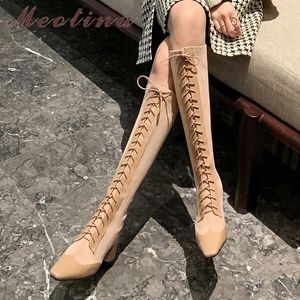 Knee High Boots Women Shoes Real Leather Heels Ladies Square Toe Zip Cross Tied Thick Long Black 210517