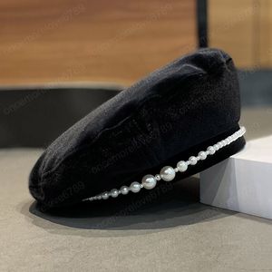 autunno Tessuto in velluto nero con bordo di perle cappello da donna berretto da donna Cappelli da pittore per il tempo libero