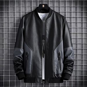 Solid Bomber Leather Jacket Mens Patchwork ColorBlock Koreansk stil PU Jackor Män Ribbed Hem Vattentät Motorcykel Windbreaker 210524