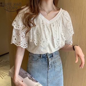 Summer Cotton Blouse Women Chic Crochet Hollow Butterfly Short Sleeve White Shirt Flying Sleeve V-neck Tops Blusas 13933 210528