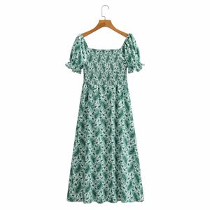 Women Square Neck Short Sleeve Pastoral Style Dress Vintage Folded Waist Sleeves Chic Female Mid-length Dresses 210507