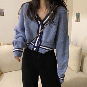 Women s Knits Tees Spring Korean Style High Waist Small T shirt Hook Loose Short Blue V neck Idle Long Sleeve Sweater Coat