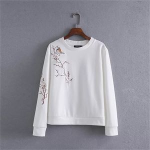 Casual Höst Kvinnor Fåglar och Blomma Broderi Hoodies Pullover Quality Round Collar Sweatshirts 210420