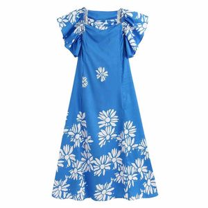 Kobiety Butterfly Rękaw Drukowanie Midi Sukienka Damska Stylowa Elastyczna Ułożone Ruffles Retro Vestidos Chic Dresses DS3391 210603