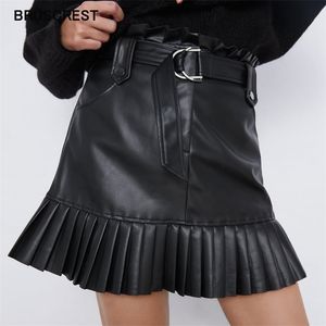 Ruffle high waist skirt mini sexy short s black Sash elegant leather faux with pockets 210621