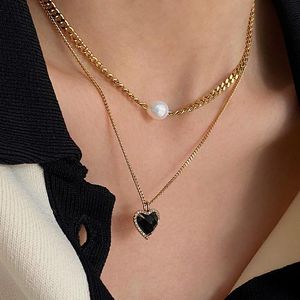 Anhänger Halsketten Ursprung Sommer strukturierte Doppelschicht Liebe Herz Halskette für Frauen Gold Metallkette Imitation Perlen Schmuck Schmuck