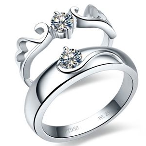 Angel Wing Solid 18K 750 White Gold Couple 0.25Ct+0.25Ct Diamond Lover's Wedding Rings His and Her Love Promise Ring