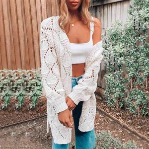 knitted hollow out long cardigans women autumn winter casual oversized cardigan tops chic sweater 210427