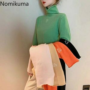 Nomikuma Aşk Kalp Nakış Balıkçı Yaka Kazak Kadınlar Slim Fit Tüm Maç Uzun Kollu Temel Kazak Rahat Moda Çekin Femme 210514