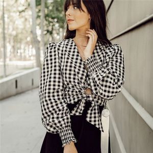 BLSQR Sexy Plaid Casual Women Blouse Shirt Long Sleeve Elegant Tops Office Lady OL Work Wear Party Blouses 210430