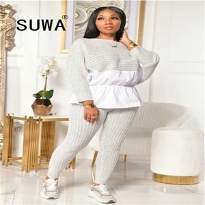 Tracksuit Women 2 Piece Set Stickad Långärmad Ruffles Top Tunika + Bodycon Byxor Sweatpants Casual Home Wear grossist 210525