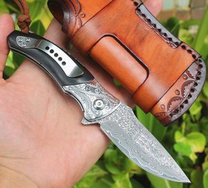 New Listing Flipper Fodling Knife VG10 Damascus Steel Drop Point Blade Natural Ebony + Steels Head Handle Ball Bearing Pocket Knives With Leather Sheath