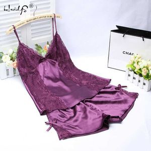 Kobiety Lato Spaghetti Pasek Koronkowa Aplikacja Satin Cami Top i Szorty Piżama Zestaw V Neck Test Pijama Cami Bridal Sleepwear Sets 210622