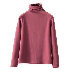 Kvinnor brun khaki rosa grön svart fleece T-shirt Tooter tee Turtle Neck Långärmad Vinter Varm Solid B0422 210514