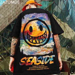 ZAZOMDE Brand short sleeve men Cartoons tee Summer hip hop T-shirt Chinese style lovers Print Oversized tshirt 210629