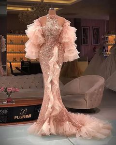 2022 Plus Size Arabski ASO Ebi Luksusowy Syrenka Sexy Prom Dresses Koronki Zroszony Wysoki Rozwilant Wieczór Formalna Party Druga Recepcja Suknia