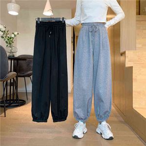 Lösa leggings 2021 Sommar Nya stora byxor Hög midja Gråa Sweatpants Tunna och mångsidiga Wide Leg Casual Pants Kvinnor Y211115