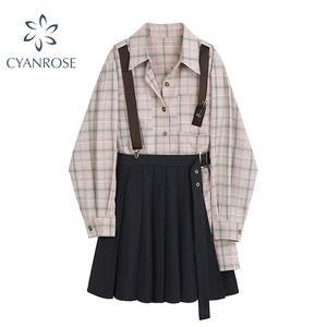 2 peça japonesa harajuku partido manga longa bonito irregular solto casual elegante suspensórios moda ternos cinto menina midi vestido 210515