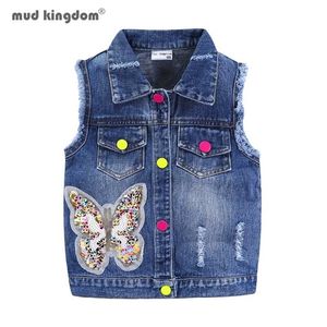 Mudkingdom Ripped Girls Denim Vest Butterfly Sequin Turn-Down Collar Autumn Sleeveless Jacket Kids Jean for Girl Sparkly Clothes 211203