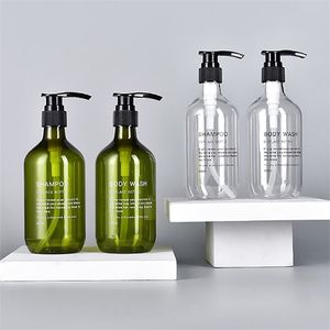 1 Conjunto de Frascos Dispensadores de Sabonete Líquido Recarregável para Banheiro Press Pump Pump Frascos para Sabonete Corporal Shampoo Condicionador com Laboratório Impresso 211130