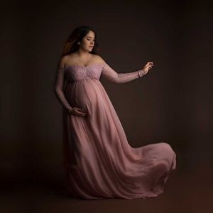 Dusty rosa longo chiffon vestido de fotografia de maternidade doce coração vestidos de renda para sessão de fotos fenda aberta vestido de gravidez