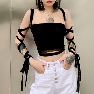 Gothic Black Mesh Lace Up Bandage Crop Top Fairy Grunge Aesthetic Clothes Cyber Y2k Mall Goth Tanks Sexy Clothing 210326