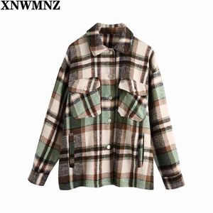 Vintage Winter Women green plaid Long Coat Jacket Casual High Quality Warm Overcoat Fashion Coats Loose Outerwear 210520