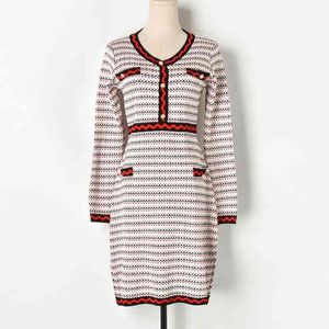 Women Knitted Dress V Neck White Black Red Long Sleeve Elegant Knee Length Autumn D1354 210514