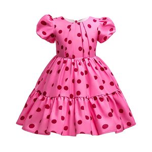 Sommarflicka Bomull Casual Dress Puff Sleeve Polka Dot Rose Red Tiered Dress for Girls 2 till 10 år Barnkläder Q0716