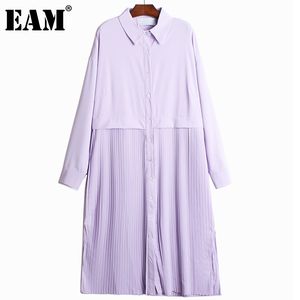 [Eam] Kvinnor Gul Spliced ​​Pleated Mid-Calf SHIRT DRESS LAPEL Långärmad lös Fit Fashion Spring Höst 1DD8235 210512