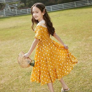 Çocuklar Kızlar için Elbiseler Giyim Yeni Polka Dot Baskı Kısa Kollu Rahat Bebek Yaka Kız Elbise Çocuk Prenses Vestidos W279 Q0716