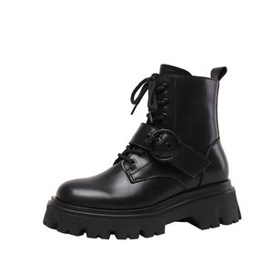 Womens Round Toe Boots Boots Начальник на шнуровке Платформа Matte Черная пряжка Chunky Caels Bootes Мода на молнии Мода для осени зима