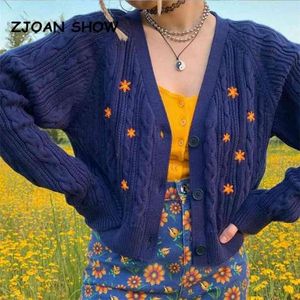 Streetwear Orange Daisy Stickerei Strickjacke Vintage Marineblau Twist Pullover Punk Pull Korea Kleidung Frauen Strick Strickjacke 210429