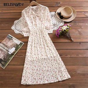 Primavera e Outono Estilo Floral-Print Bow Chiffon Dress Feminino Fairy Fairy IMMORTAL 210520