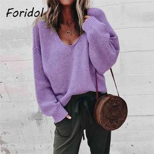 Foridol maglione pullover viola tinta unita donna casual donna oversize autunno inverno maglione lavorato a maglia abiti 210830