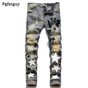 Jeans strappati da uomo blu Patch Hole Moto Biker Stretch Pantaloni slim fit per uomo Hip Hop Punk Streetwear Pantalones Para Hombre Vaqueros