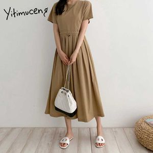 Yitimuceng Długie sukienki dla kobiet Moda Wysoka talia Ruched Draw String Solidna Czarna Khaki Sundress Summer Korean Dress 210601