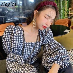 Square Collar Clavicle Exposed Sexy Blouse Women Pullover Puff Långärmad Slim Fit Blusas Spring Shirt Plaid 210422