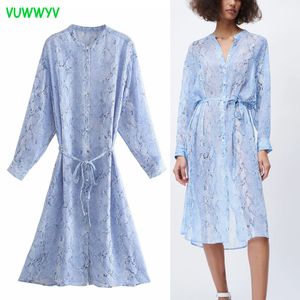 Платья синий принт футболка MIDI женщина лето с длинным рукавом кнопка женщины мода, выходящие в Vestidos пояс 210430