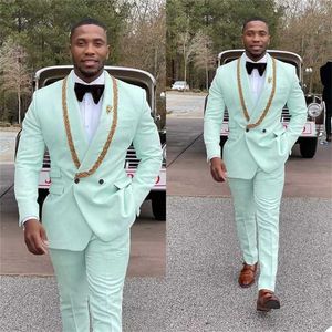 Duplo Breasted Mint Green Homens Suits Casamento Prom Gold Beads Shawl Lapel Traje Homme Terno Masculino Slim Noivo Tuxedos Blazer X0909