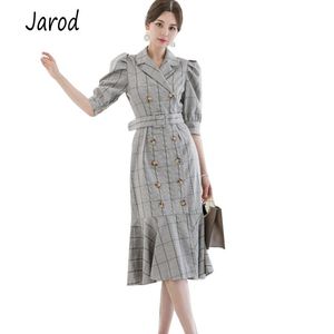 Korean Women Fashion Elegant Double Breasted Gray Plaid OL Style Midi Dress High Quality Ruffles Fishtail Dress With Belt 210518