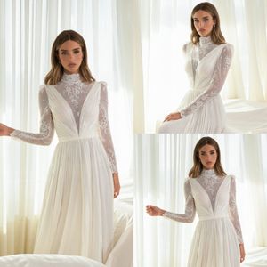 Elihav Sasson High Neck 2022 Wedding Dresses Bridal Gowns Lace Appliqued Long Sleeve Boho Chiffon Country Robes De Mariée