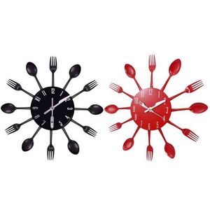 ホームデコレーションノイズのないステンレススチールカトラリー時計ナイフとフォークスプーンウォールクロックキッチンレストラン家の装飾H1230