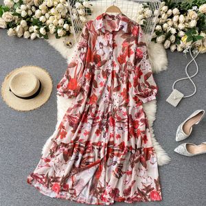 Summer Women's Chiffon Print Maxi Shirt Dress Sundresses Sun Protection Clothing Holiday Red Long-Sleeved Loose Beach 210514